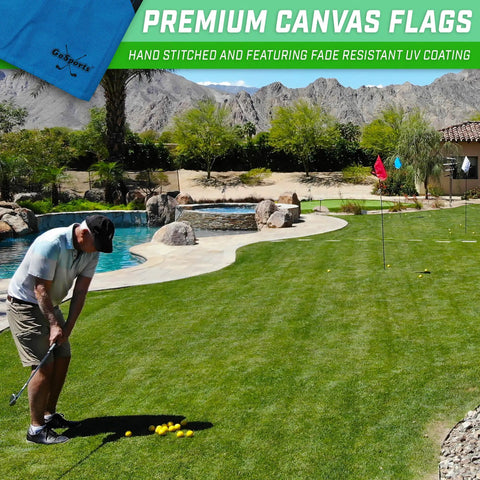 Man practicing chipping with Three Pack Golf Flags For Backyard Practice And On The Go Chipping Drills on lawn