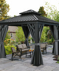 10x10 Ft Hardtop Gazebo With Netting And Curtains Heavy Duty Double Galvanized Steel Roof Ventilated Double Roof Design For Windy Days Outdoor Patio Backyard Deck Lawn Shelter In Gray