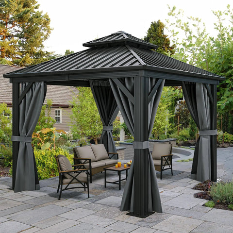 10x10 Ft Hardtop Gazebo With Netting And Curtains Heavy Duty Double Galvanized Steel Roof Ventilated Double Roof Design For Windy Days Outdoor Patio Backyard Deck Lawn Shelter In Gray