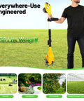 Man holding Cordless Garden Tiller Cultivator 250RPM Portable Electric Rototiller with scale images of various garden uses