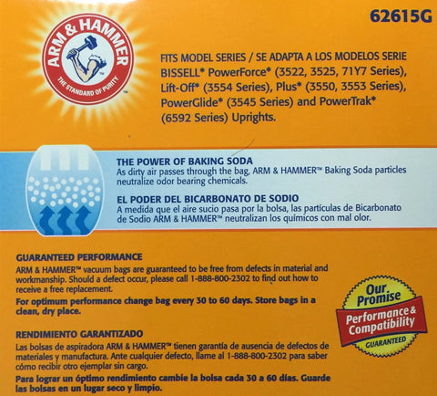 Box of Arm & Hammer vacuum bags compatible with Bissell PowerForce, Lift-Off, and Power Glide series, showcasing benefits.