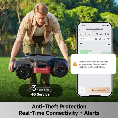 Man lifting LiDAX Ultra 3000 All Terrain Robotic Lawn Mower with phone app interface showing real-time alerts.