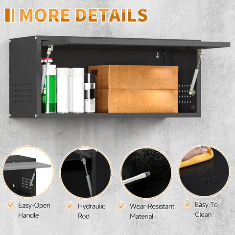 Open black metal garage wall cabinet with up flip door displaying storage; includes pegboard and easy-open handle, 13.8 inch high.