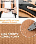 Heavy Duty Tool Backpack With Combo Lock And Dual Canvas Pouches Built Like A Tank For Electricians And Contractors Kicking It High On The Daily Grind In Brown close-up of molded front pocket and reflective strip with high density oxford cloth