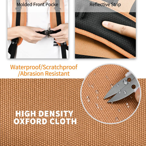 Heavy Duty Tool Backpack With Combo Lock And Dual Canvas Pouches Built Like A Tank For Electricians And Contractors Kicking It High On The Daily Grind In Brown close-up of molded front pocket and reflective strip with high density oxford cloth