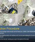 Foundation Crack Repair Kit With Polyurethane Injection Foam applied to cracks, showing injection procedure on concrete wall surface.