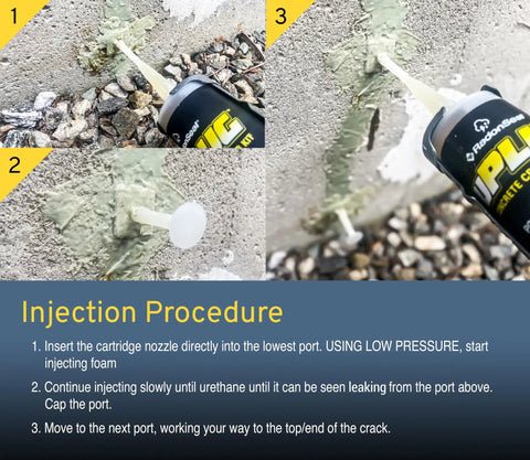 Foundation Crack Repair Kit With Polyurethane Injection Foam applied to cracks, showing injection procedure on concrete wall surface.