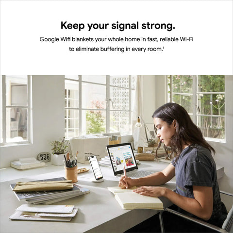 Woman working at desk using AC1200 Mesh WiFi System For Whole Home Coverage Up To 1500 Square Feet With 1 Pack Router Unit And Seamless Roaming