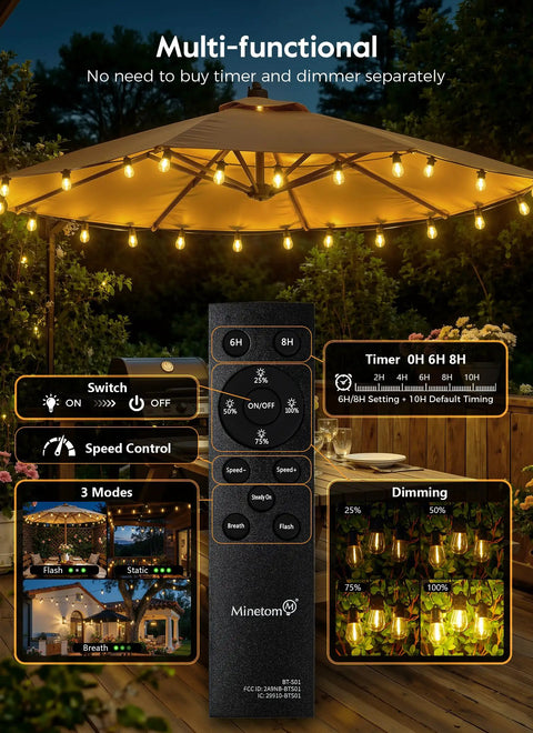 Remote and 100 Feet Solar String Lights Outdoor Waterproof With Remote Timable Type C Port 31 Plus 2 LED S14 Shatterproof Bulbs