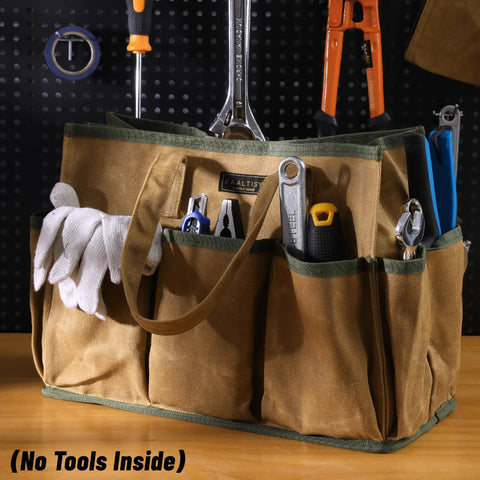 Waxed Canvas Tool Tote Bag With Large Capacity And 10 External Pockets for organizing various hand tools, displayed on a table.