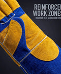 Close-up of Blue 16 Inch Welding Gloves Fire Resistant Leather With Double Layer Padding For Stick Welders MIG Flux Core Forge Blacksmith Fireplace Wood Stove Fire Pit Grill Oven Furnace Handling Heavy Duty Materials showing reinforced work zones.