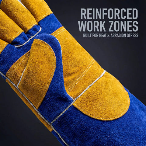 Close-up of Blue 16 Inch Welding Gloves Fire Resistant Leather With Double Layer Padding For Stick Welders MIG Flux Core Forge Blacksmith Fireplace Wood Stove Fire Pit Grill Oven Furnace Handling Heavy Duty Materials showing reinforced work zones.