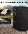 Pro Grade Heavy Duty All Weather Outdoor Island Table Cover For Feasto Grill Cart With Storage Cabinet showing air vents and handles design