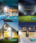 Outdoor LED Flood Lights 200W 2 Pack IP66 illuminating a swimming pool, stadium, backyard, and garage at night.