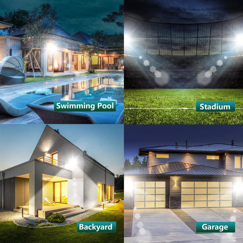 Outdoor LED Flood Lights 200W 2 Pack IP66 illuminating a swimming pool, stadium, backyard, and garage at night.