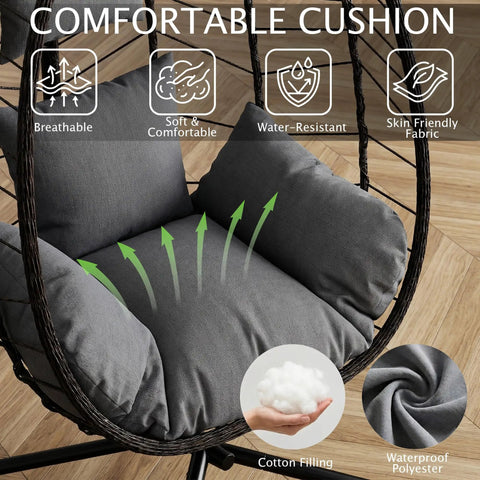 Grey cushion detail of Hanging Egg Chair With Stand For Indoor And Outdoor Relaxation Cozy Wicker Hammock Lounge Chair.