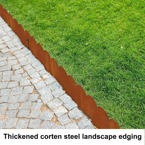 Cor Ten Steel Landscape Edging Kit 20 Ft with Rustic Scalloped Metal Border separating grass from cobblestone path.