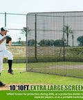 10x10 Baseball And Softball Pitching Screen With Ten By Ten One And A Half Inch Steel Frame on a field during practice