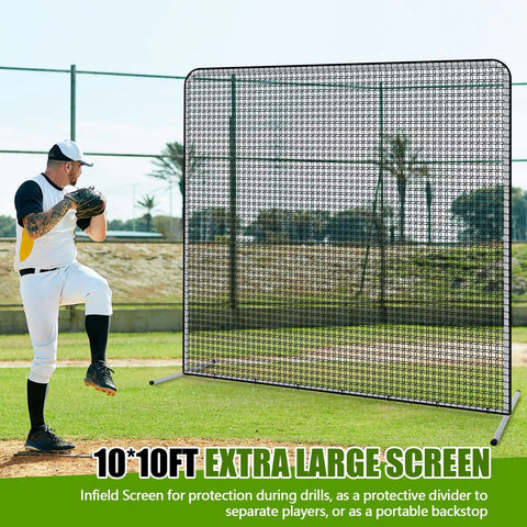 10x10 Baseball And Softball Pitching Screen With Ten By Ten One And A Half Inch Steel Frame on a field during practice