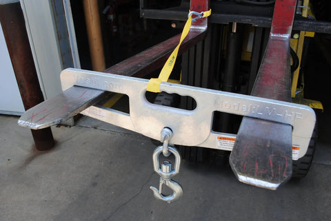 Swivel Forklift Hook Plate, Heavy Duty Steel Construction with Double Fork Slides and Safety Latch on Fork Truck