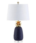 Navy Blue And Gold Pineapple Ceramic Table Lamp For Bedroom Decor With White Linen Drum Shade And LED Bulb Modern Whimsical Bedside Nightstand.
