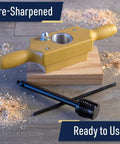 Pro Grade Tap And Die Set 1-1/4 Inch Wood Thread Kit with two-handed thread box shown on wooden surface.