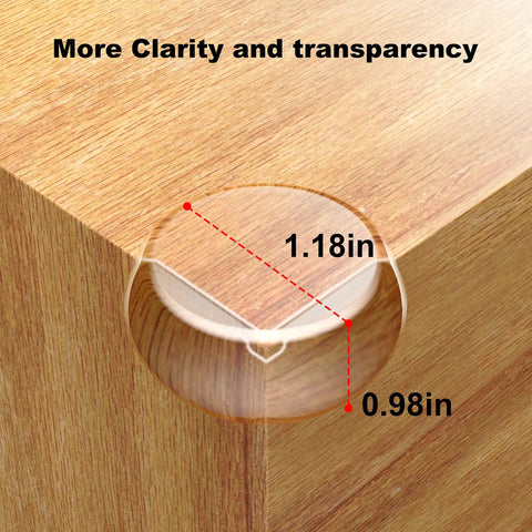 Table Corner Guards For Baby Safety, 24 Count, protective transparent corner guard on wooden edge with dimensions