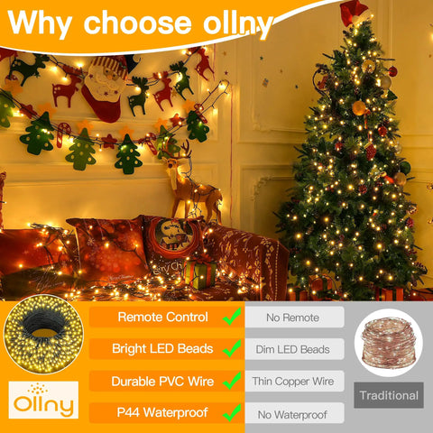 262ft Outdoor Christmas Lights With 800 LEDs, illuminating a festive room with decorated tree and gifts, showcasing warm glow.