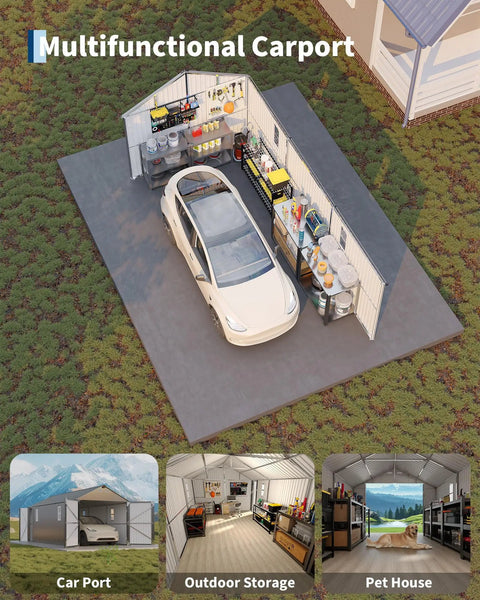 10x20 Foot Metal Garage Shed With Double Hinged Doors And Four Windows, Heavy Duty Carport For Cars Boats Trucks And Equipment