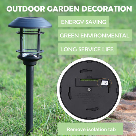 Six Pack Solar Powered Pathway Lights Waterproof Warm White Outdoor Lighting For Lawn Patio Yard Walkway Deck And Driveway Auto On At Dusk Off At Dawn No Wiring, close-up showing energy-saving features and isolation tab removal instruction.