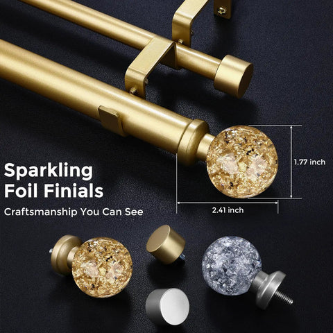 Gold Extra Long Dual Curtain Rod Set 36 To 153 Inches Adjustable Heavy Duty Vintage Spliced 1 Inch Window Treatment Rods With Crystal Foil Finials