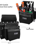 Heavy Duty Full Grain Leather Tool Belt for Men with 17 Pockets displaying tools, ideal for framers and electricians