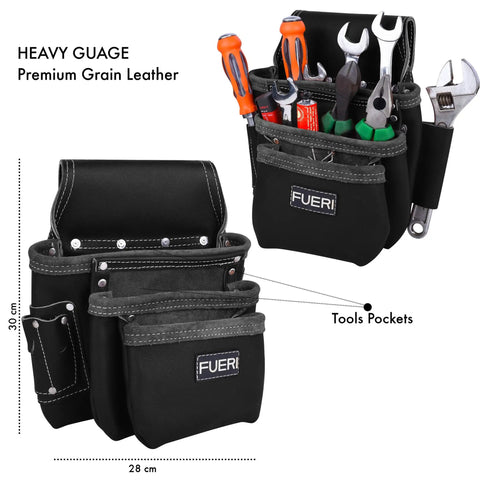 Heavy Duty Full Grain Leather Tool Belt for Men with 17 Pockets displaying tools, ideal for framers and electricians