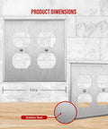 Two Gang Metal Wall Plate For Duplex Receptacles Stainless Steel 430 Corrosion Resistant And Impact Tough Heat Safe UL Listed 4.50 by 4.57 Inches Silver Ten Pack showing dimensions on marble background.