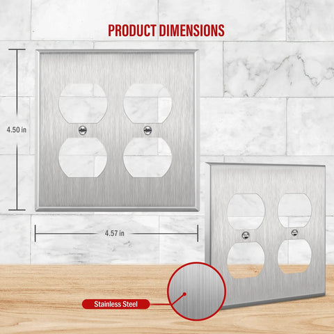 Two Gang Metal Wall Plate For Duplex Receptacles Stainless Steel 430 Corrosion Resistant And Impact Tough Heat Safe UL Listed 4.50 by 4.57 Inches Silver Ten Pack showing dimensions on marble background.