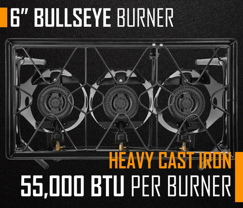 Top view of three heavy cast iron burners with 55,000 BTU on the Three Burner Outdoor Propane Stove With Stand.