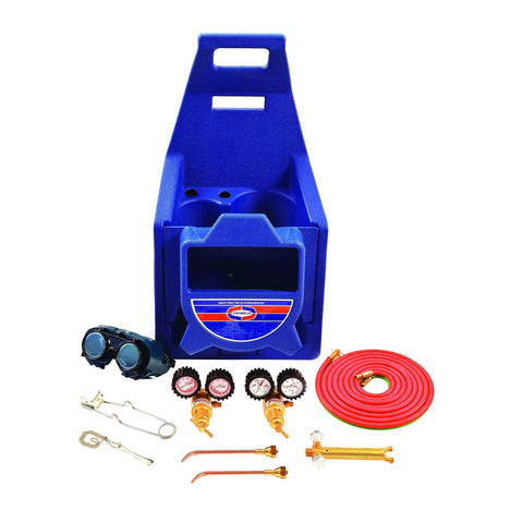 KC100P Centurion Weld And Brazing Outfit With 511 Plastic Carrying Stand For Pro Grade Portable Oxyacetylene Welding And Brazing Two Tips For Brazing Up To One Inch Copper Tubing And Welding Up To One Eighth Inch Steel, Single Stage Regulators. Blue plastic stand with hoses, regulators, and tips