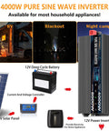 Diagram of 4000W Pure Sine Wave Power Inverter 12V To 110V And 120V AC With Remote, showing RV and solar panel setup