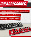 Magnetic Socket Organizer Set 8 Piece For SAE And Metric Deep And Shallow Sockets Holds 199 Sockets One Half Inch One Quarter Inch Three Eighths Inch ABS Material Tray Holder Kit Sockets Not Included in black and red trays made of ABS material shown with sockets displayed.