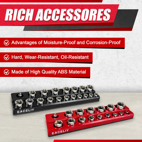 Magnetic Socket Organizer Set 8 Piece For SAE And Metric Deep And Shallow Sockets Holds 199 Sockets One Half Inch One Quarter Inch Three Eighths Inch ABS Material Tray Holder Kit Sockets Not Included in black and red trays made of ABS material shown with sockets displayed.