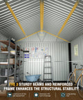 Interior view of extra large 10x12 outdoor storage shed with lockable doors, metal construction, tool rack, and bicycle storage.