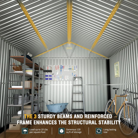 Interior view of extra large 10x12 outdoor storage shed with lockable doors, metal construction, tool rack, and bicycle storage.