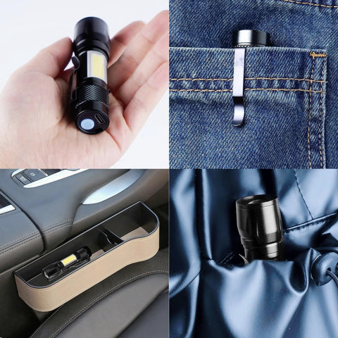 4 Pack Rechargeable Zoomable Mini Clip On Flashlights With Side COB Light USB C Recharge 500mAh Battery Super Lightweight EDC Lanterns shown in hand, pocket, car, and bag