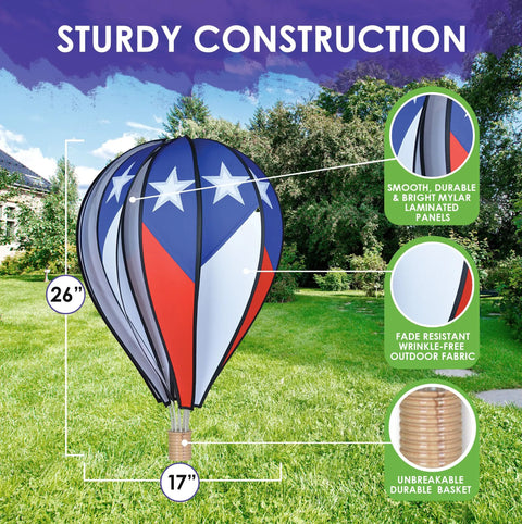 Patriotic Hot Air Balloon Wind Spinner For Outdoors with USA flag colors, showing size dimensions and material details in a garden.