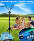 Portable Outdoor Patio Misting System with 15L Water Bucket and 5.3 Ft Mister in action, picnic setting