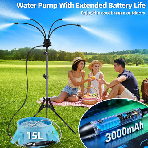 Portable Outdoor Patio Misting System with 15L Water Bucket and 5.3 Ft Mister in action, picnic setting
