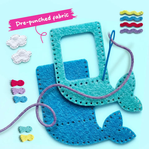 Image showing pre-punched felt pieces with a mermaid tail design from Kids Sewing Kit For Beginners: 6 Easy Projects Like Unicorn And Mermaid Pillows.