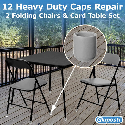 Gray 7/8 Inch Folding Chair Leg Caps 12 Pack Built Tough Heavy Duty Nylon Non Marring Floor Protectors For Metal And Padded Folding Chairs 1 1/4 Inch Tall 1 Inch Outer Diameter shown on chairs and table on deck