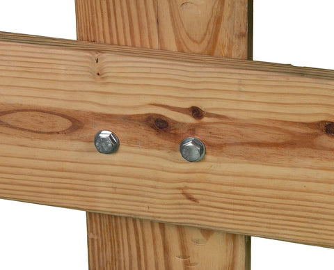 Two 3/8-16 x 1in stainless steel hex bolts installed through a wooden beam