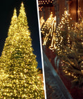 200 Led 72Ft Outdoor Solar String Lights Waterproof With 8 Modes Twinkle Warm White For Patio Tree Christmas Party Wedding Decor No Wiring Needed Perfect For Outdoor Living Spaces Gardens Backyards And Holiday Displays illuminating large trees and bushes at night.